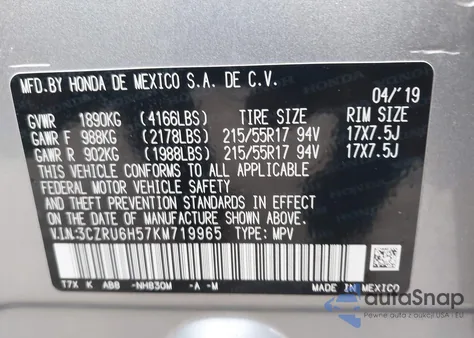 2019 Honda Hr-V Ex z USA, uszkodzony, nr VIN 3CZRU6H57KM719965
